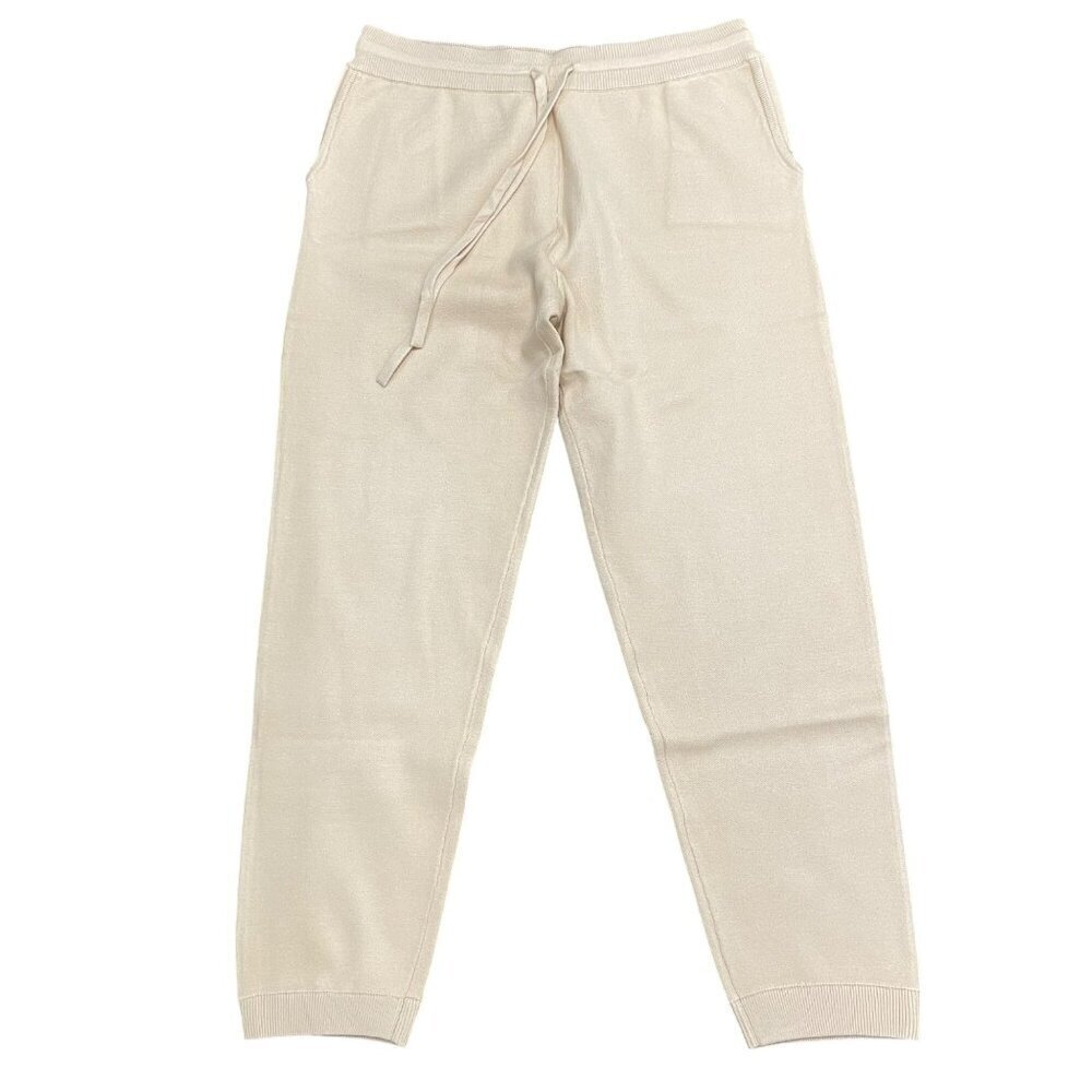 Monrow Womens Beige Knit Jogger Pants Ribbed Cuffs & Drawstring Waist Sz Large